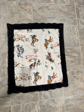 Kids Western Cowboy Print Minky Blanket - Black Trim